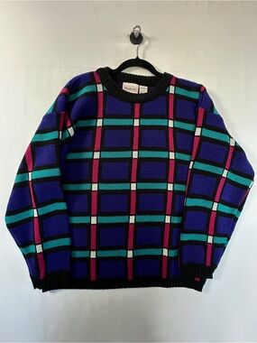 Vintage 90s Perspective Geometric Grid Grandpa Knit Sweater Unisex M